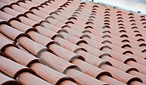 Close up on roof construction with ceramic tiles