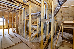 Close-up of roof on stick built under home beam construction a frame walls built framework home