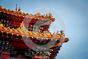 The close up of roof top of The Chinatown Gate at Yaowarat road in Bangkok, Thailand.