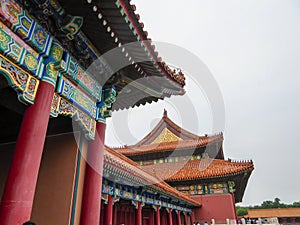Beijing - A close up on the rooftop of a pavilion in Forbidden City in Beijing, China. The building is very colorful
