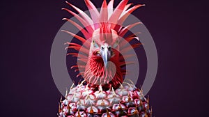 A close up of a rooster-pineapple with red feathers on its head, AI