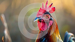 A close up of a rooster with red and blue feathers, AI