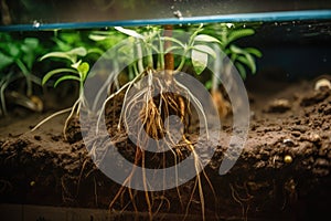 close-up of the roots of a plant growing in aquaponics system, with fish swimming below