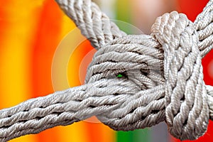 Close-up of rope knot line tied together with playground background.selective focus. photo