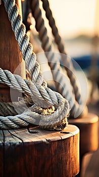 Close up of a rope on a wooden post, AI