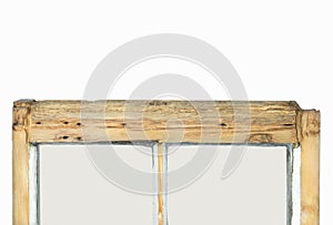 Close up of rotten sash window frame against white background