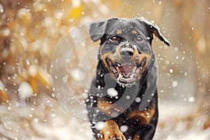 Close up of Rottweiler running joyfully through falling snow