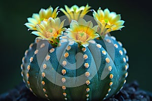 Close-up of a round cactus with yellow flowers. Perfect for botanical, nature and desert-themed projects, showcasing natural photo