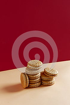 Close-up round crispy biscuits with a layer