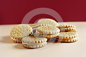 Close-up round crispy biscuits with a layer