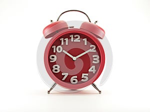 close-up round red alarm clock with white numbers isolated on white background