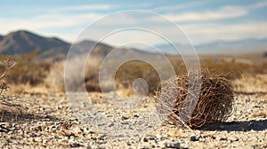Close-up of a round tumbleweed on the desert floor with mountains in the distance