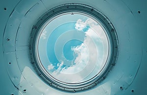 A close up of a round window with a sky view