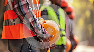 Close-up of a row of construction workers holding their yellow and orange safety helmets. AI generated