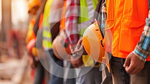 Close-up of a row of construction workers holding their yellow and orange safety helmets. AI generated