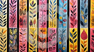 A close up of a row of painted bookmarks. AI.