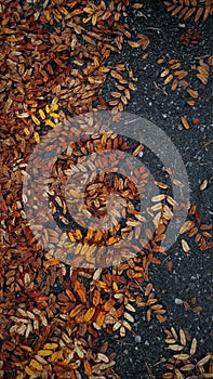 Close-up of rowan leaves on asphalt road in park after rain