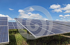 Close up rows array of polycrystalline silicon solar cells or photovoltaics in solar power plant photo