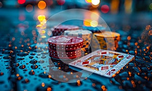 Close-up of royal flush playing cards with poker chips stack on a wet, dark surface, evoking the high stakes and glamour of