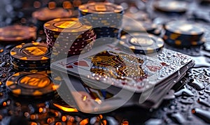 Close-up of royal flush playing cards with poker chips stack on a wet, dark surface, evoking the high stakes and glamour of