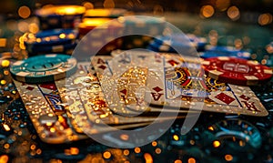 Close-up of royal flush playing cards with poker chips stack on a wet, dark surface, evoking the high stakes and glamour of