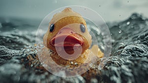 Close-up of rubber duck floating in stormy ocean waves under dramatic sky.