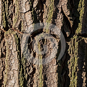Close-up of rugged tree bark, featuring deep grooves and cracks. The surface texture