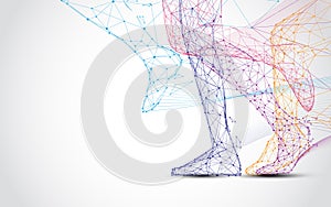 Close up of runner s legs run form lines and triangles, point connecting network on blue background. photo