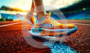 Close-up of a runners feet in vibrant sneakers with word RUN on a track starting line, embodying the concept of competition