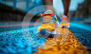 Close-up of a runners feet in vibrant sneakers with word RUN on a track starting line, embodying the concept of competition