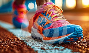 Close-up of a runners feet in vibrant sneakers with word RUN on a track starting line, embodying the concept of competition