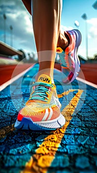 Close-up of a runners feet in vibrant sneakers with word RUN on a track starting line, embodying the concept of competition