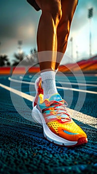 Close-up of a runners feet in vibrant sneakers with word RUN on a track starting line, embodying the concept of competition