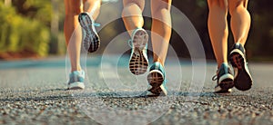 Close-up of runners\' legs running along a running track. Fitness women jogging at sports training. Health concept
