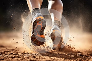 Close-up of running athlete\'s legs on sand. Sport concept, Rear view closeup sport shoe of racer in running on trail