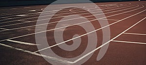 Close-up of a running track in a stadium with white striped markings.