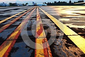 close-up of runway tarmac texture and painted lines