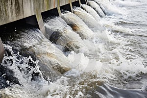 a close-up of rushing water through a concrete dam