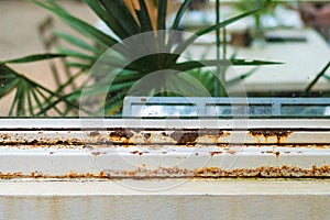 Close up of rust on old white iron window sill with a blurred background. Rust stains and corrosion cracking of window frame.