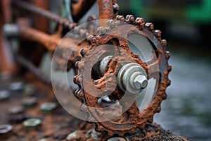 close-up of rusted bicycle chain and gears