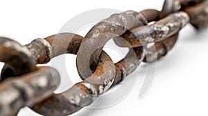 Close-up of a rusted chain links against a white background