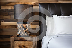 Close-up of rustic bedside table lamp next to wood headboard in stylish modern bedroom interior