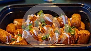 Close-up of rustic fried golden potato tater tots in a black tray