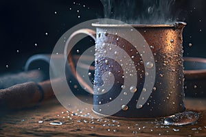 close-up of rustic metal mug, with droplets of water and steam