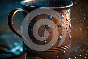 close-up of rustic metal mug, with droplets of water and steam