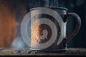 close-up of rustic metal mug, with droplets of water and steam