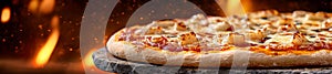 Close-up of a rustic pizza with cheese grilled chicken and basil ready for serving photo