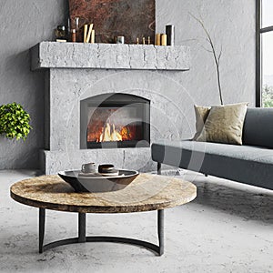 Close up of rustic round coffee table against grey bench and fireplace. Loft minimalist home interior design of modern living room