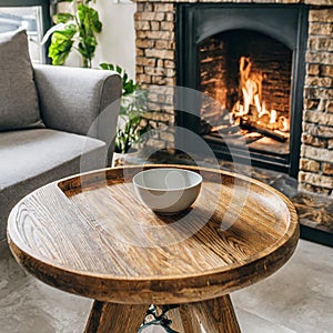 Close up of rustic round coffee table against grey bench and fireplace. Loft minimalist home interior design of modern living room