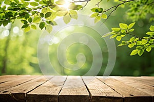 Close up top wooden table with sunny abstract green nature background, blurred bokeh photo